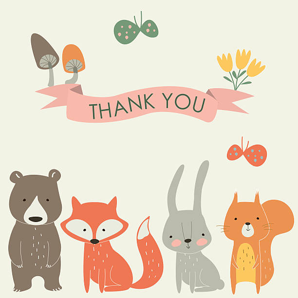 thankyousmallanimalsrow Vector 'Thank you' card with cute bear, fox, hare, squirrel, mushrooms and butterflies in cartoon style thank you kids stock illustrations