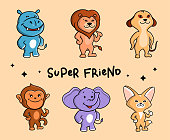 The adorable set of animals. Six Safari cartoon characters. Good for t-shirt design, kid prints, cards, stickers, ads etc. Vector illustration with lettering phrase - Super friends