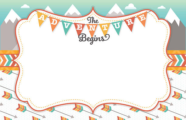 The Adventure Begins Mountain Frame A vector illustration of a background frame featuring mountains, tribal elements and the text "The Adventure Begins". Objects are grouped and layered for easy editing. adventure borders stock illustrations