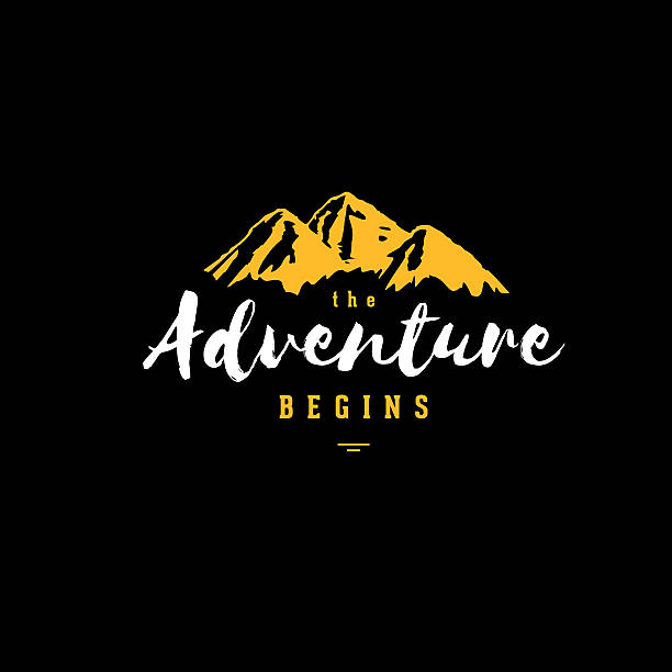 The adventure black yellow The Adventure Begins vintage illustration with mountains. Design for t-shirt print or poster. Vector illustration. adventure designs stock illustrations