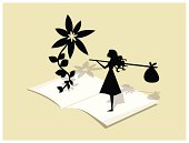 Giant flower and little girl standing on an open book. It´s a metaphor for the fantastic adventures you can experience when you read stories.