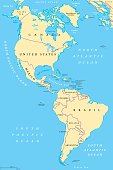 The Americas, North and South America, political map with countries and international borders of two continents. New World and western hemisphere. The Caribbean. Illustration. English labeling. Vector