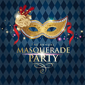 An invitation to the masquerade party for the Venice Carnival with golden mask on the blue diamond shape background
