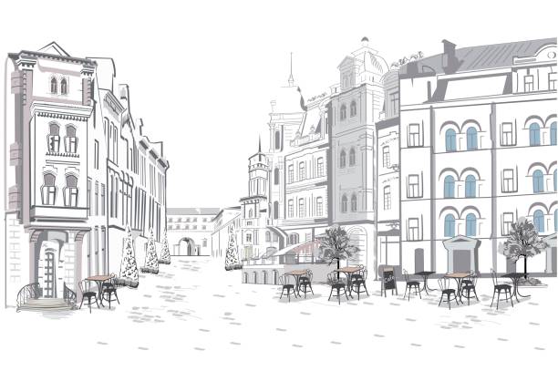 illustrations, cliparts, dessins animés et icônes de le décor architectural de la vue sur la rue dans la vieille ville. - rue paris