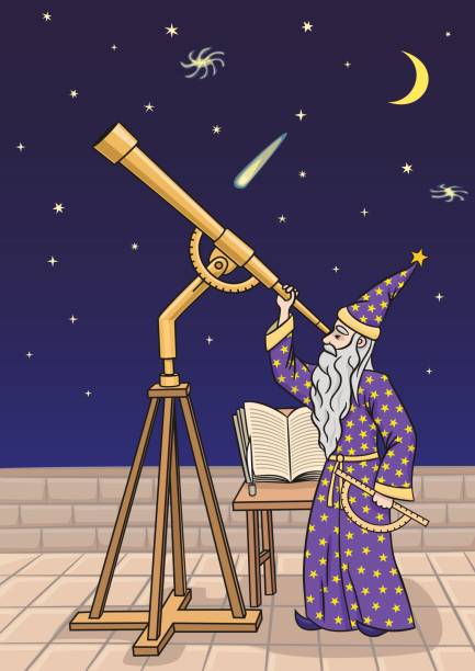 stockillustraties, clipart, cartoons en iconen met the astronomer at the telescope. - isle of skye