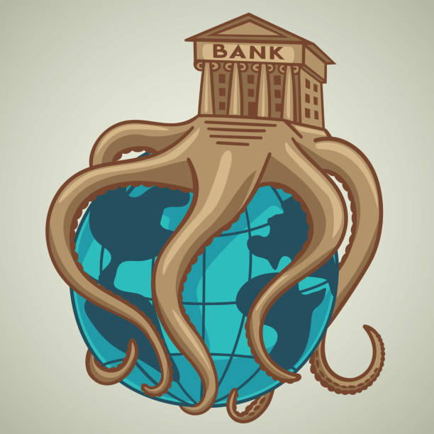 The banking system, the octopus has captured the entire globe. The Bank entangled the world economy with its tentacles. federal reserve stock illustrations