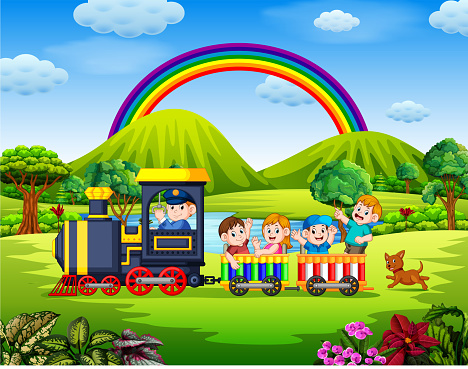 https www istockphoto com vector the beautiful view with the children inside the train waving under the rainbow gm1046422478 279975778