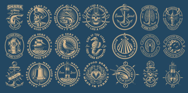 The biggest bundle of vintage nautical vectors on the dark background. The biggest bundle of vintage nautical vectors on the dark background. Perfect for the shirt designs and many other. Text is on the separate group. nautical vessel stock illustrations