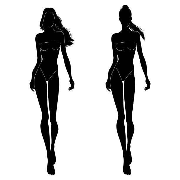 The black silhouettes of fashion models walking on the podium. Beautiful slim women isolated on a white background, vector illustration. The black silhouettes of fashion models walking on the podium. Beautiful slim women isolated on a white background, vector illustration. fashion croquis stock illustrations