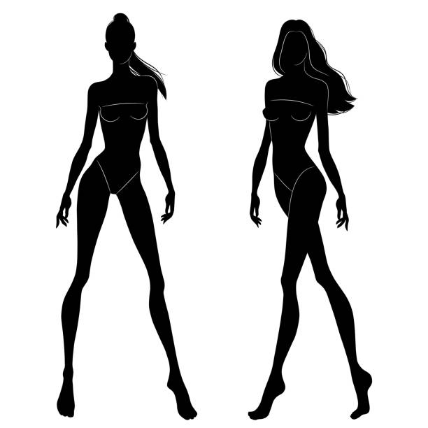 The black silhouettes of fashion models walking on the podium. Beautiful slim women isolated on a white background, vector illustration. The black silhouettes of fashion models walking on the podium. Beautiful slim women isolated on a white background, vector illustration. fashion croquis stock illustrations