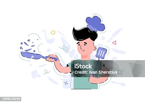 istock The boy is holding a frying pan. Cooking. Flat style. 1399578239