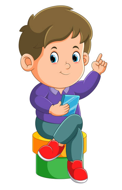 the boy is pointing up while sitting and playing phone - labor day stock illustrations