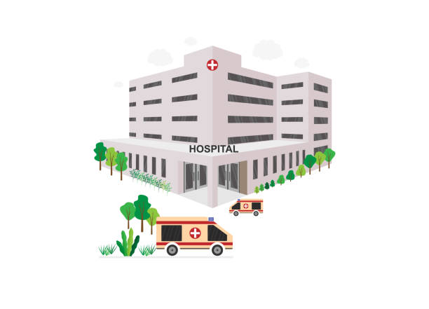 The building of the hospital and ambulances. The building of the hospital and ambulances, laboratory, medical office. Concept of medical insurance of hospital facilities and services. Flat vector stock illustration on white background. hospital cartoon stock illustrations