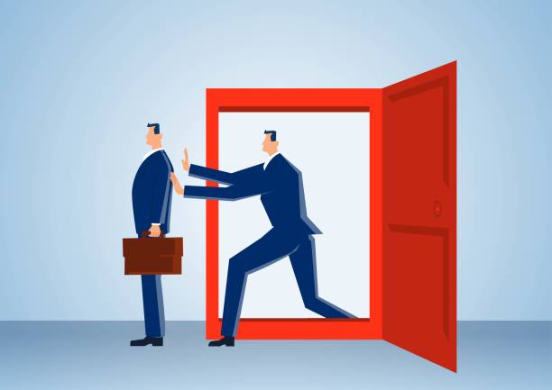 The businessman inside the door pushes the businessman outside the door, workplace or job competition, the manager fires the businessman, refuses to sell vector art illustration