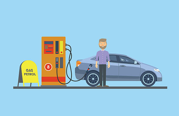 ilustraciones, imágenes clip art, dibujos animados e iconos de stock de el coche en gasolinera con el conductor - gas pump