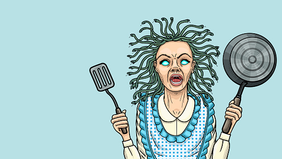 The cartoon cook is depicted as a Gorgon medusa.
