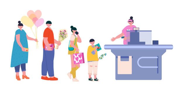 The cashier of the supermarket breaks through shopping to people in line - a man with a gift, a boy with a postcard, a girl with a bag and a woman with balls. Fashionable vector flat illustration The cashier of the supermarket breaks through shopping to people in line - a man with a gift, a boy with a postcard, a girl with a bag and a woman with balls. Fashionable vector flat illustration store clipart stock illustrations