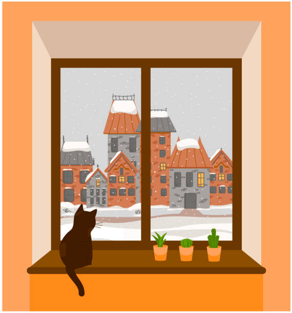 bildbanksillustrationer, clip art samt tecknat material och ikoner med katten sitter på fönstret och tittar på staden. det snöar ute. taken på byggnaden i snön - cat snow