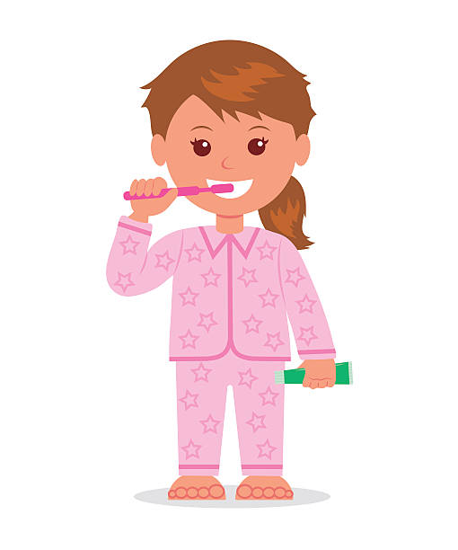 bildbanksillustrationer, clip art samt tecknat material och ikoner med the child in pajamas brushing teeth before bedtime. - kvinna borstar tänderna