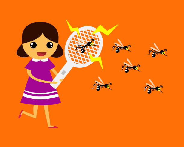 stockillustraties, clipart, cartoons en iconen met de kinderen schrikken muggen door muggen swatter. - vliegenmepper