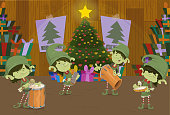 Illustration of a Christmas band, but with samba instruments, representing Brazil, all the characters are with an instrument, Santa Claus playing cavaquinho, and gnomes, playing tambourine, tantam, surdo and reco-reco, with lots of fun.