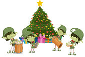 Illustration of a Christmas band, but with samba instruments, representing Brazil, all the characters are with an instrument, Santa Claus playing cavaquinho, and gnomes, playing tambourine, tantam, surdo and reco-reco, with lots of fun.