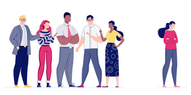 The company ignores the woman. Psychological pressure on the employee by the management of the company or the whole team. The staff does not accept a colleague in their team. Mobbing. Vector. Illustration in flat cartoon style. exclusion stock illustrations