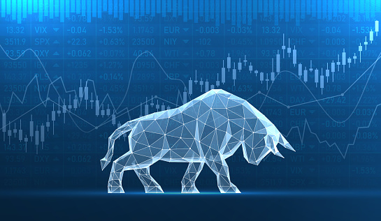 Glass bull on the background of stock quotes. Stock market and business finance. Vector illustration background.