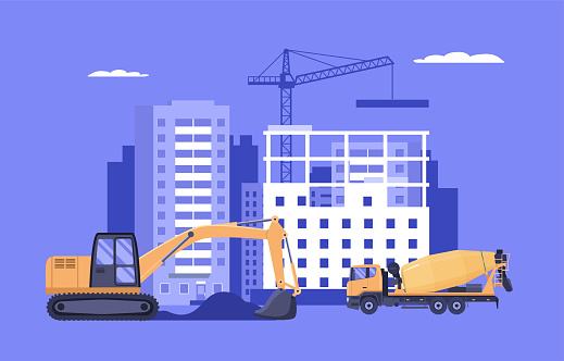 The concept of building an apartment building in the city. Vector illustration.