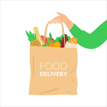 The concept of food delivery. Paper bag with food in hand. Vector illustration on white background.
