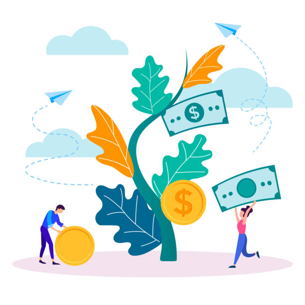 The concept of income growth, young people collect dividends from the successful business. vector art illustration