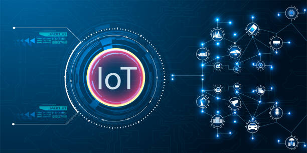 The concept of IOT technology on a blue background. The concept of connecting devices. Spider web of network connections with on a futuristic blue background. IOT vector icons The concept of IOT technology on a blue background. The concept of connecting devices. internet of things stock illustrations