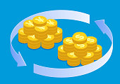 istock The concept of isometric exchange rate conversion, conversion between USD gold coins and Chinese currency 1311875015