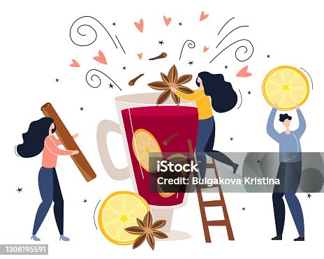 istock the concept of making a hot drink, mulled wine. little people make a drink from lemon, cinnamon and spices. vector illustration in flat style 1308195591