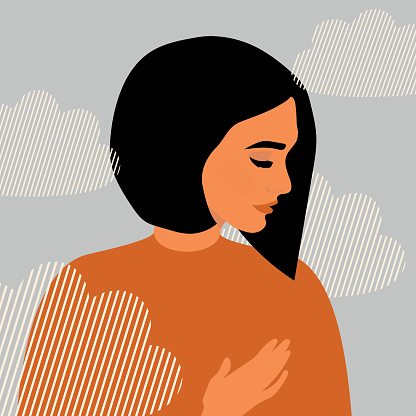 The concept of psychological health and pure thoughts. A woman with black hair feels lightness and peace of mind in the clouds. Flat style poster design with blue background. Vector.
