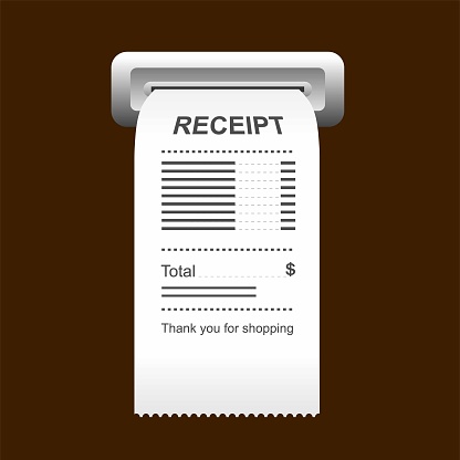 The concept of receiving a check about payment. Receipt icon, paper receipt, invoice sign, financial check. Vector illustration in a flat style.