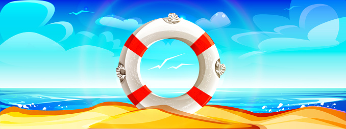 The concept of sea travel, tourism and beach holidays in cartoon style. Lifebuoy in the sand against the background of the sea and the beach.