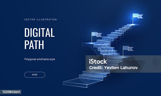 istock The concept of the path to success on a blue background. Staircase up in a futuristic polygonal style. Digital path abstract vector illustration 1320845641