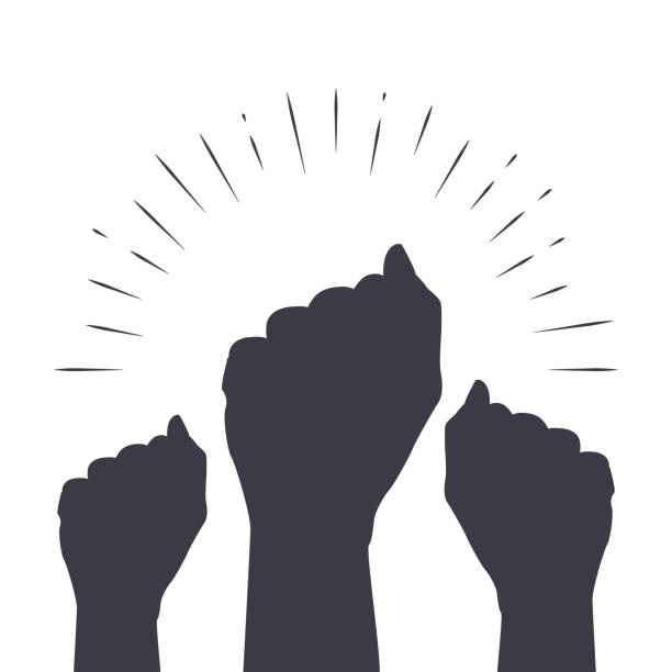 The concept of the struggle for rights and freedoms. Protest. Black silhouettes of hands clenched into a fist on a white background. The concept of the struggle for rights and freedoms. Protest. Black silhouettes of hands clenched into a fist on a white background. Flat vector illustration. voting silhouettes stock illustrations