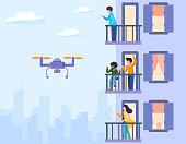 The copter flies and takes off, monitors and watches over the facade of house with balconies. People stand on the terraces and wave to the robot. Vector flat illustration urban buildings background