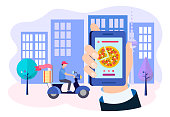 Pizza delivery via mobile application, the customer's hand holds the mobile phone with pizza on the screen, the courier delivers the pizza around the city. Vector illustration.