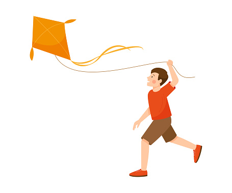 The cute boy in a red T-shirt runs after the kite. Boy flying a kite isolated on a white background. Vector flat illustration.
