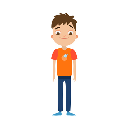 The cute brown-haired boy in blue pants standing with a friendly face. Facial emotions concept. Isolated vector icon illustration on white background in cartoon style.