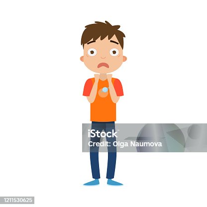 istock The cute brown-haired boy standing in blue pants with a scared face. Vector illustration in flat cartoon style. 1211530625