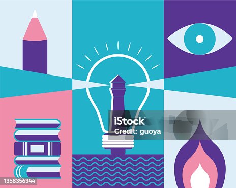 istock The design of lighthouses, pens, books, fire, eyes, and electric lights constitute a creative picture. 1358356344