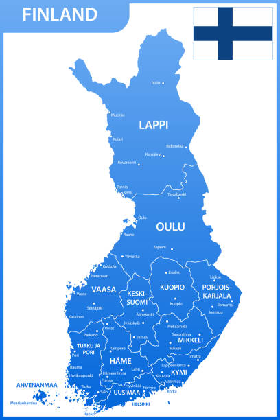 芬蘭的詳細的地圖與地區或狀態和城市, 首都, 國旗 - 北卡累利阿區 芬蘭 幅插畫檔、美工圖案、卡通及圖標