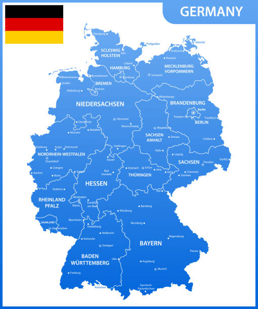 szczegółowa mapa niemiec z regionami lub państwami i miastami, stolicami, flagą narodową - dortmund stock illustrations
