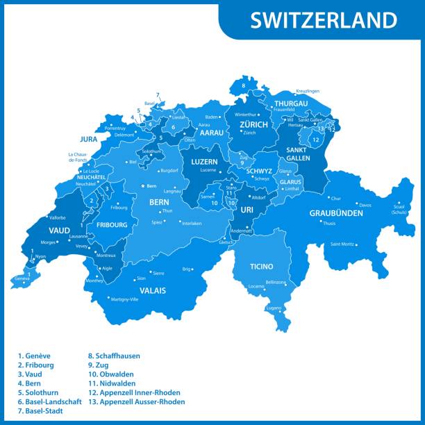подробная карта швейцарии с регионами или штатами и городами, столицами - freiburg stock illustrations