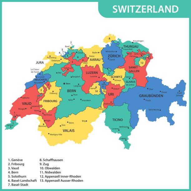 szczegółowa mapa szwajcarii z regionami lub państwami i miastami, stolicami - freiburg stock illustrations