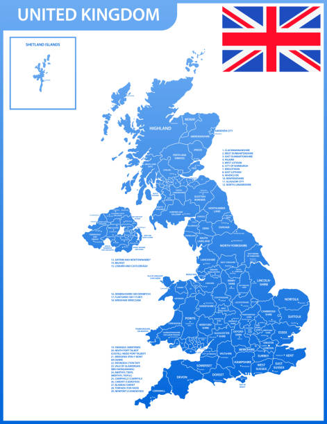 i̇ngiltere detaylı haritası bölgeler veya birleşik ve şehirler, büyük harfler ile. gerçek geçerli ilgili i̇ngiltere, büyük britanya'nın yönetim bölümü. - leeds stock illustrations